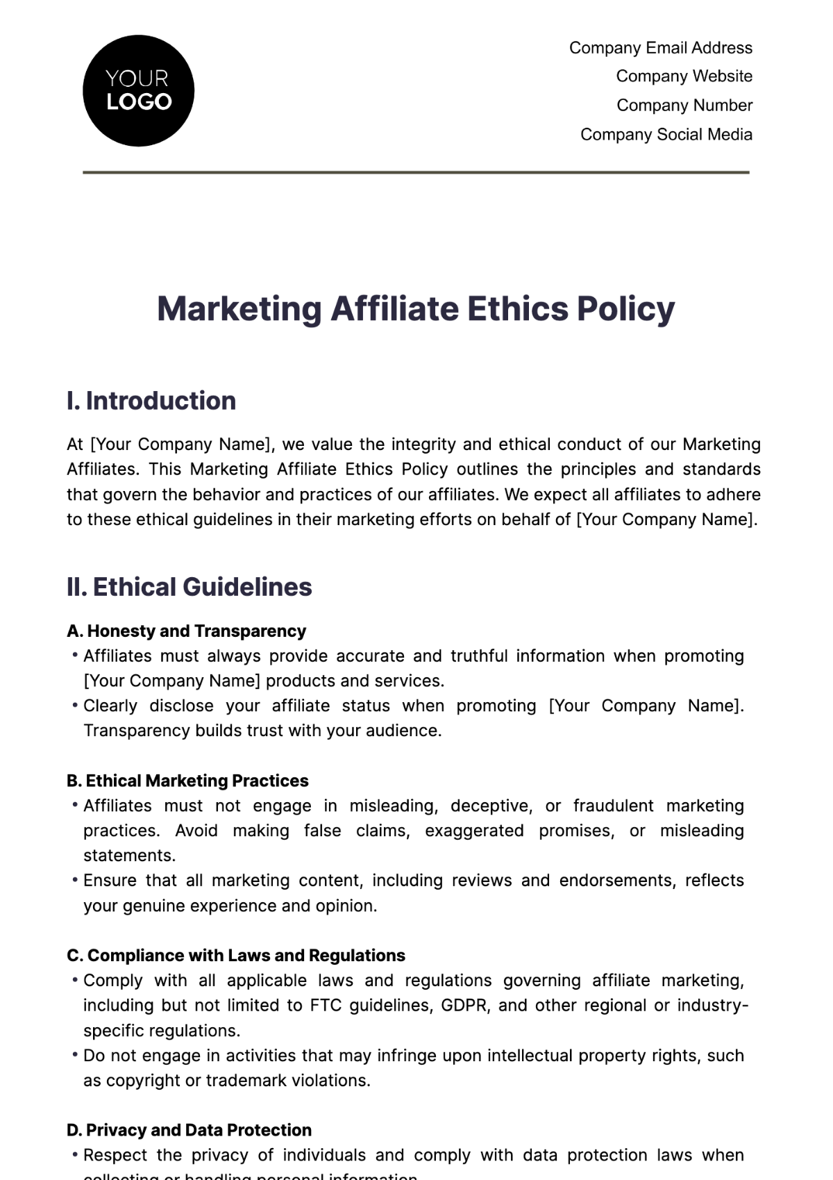 Marketing Affiliate Ethics Policy Template - Edit Online & Download