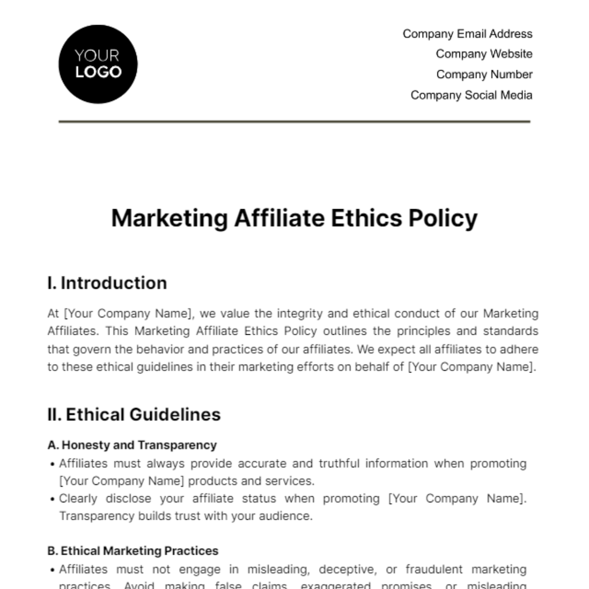 Marketing Affiliate Ethics Policy Template