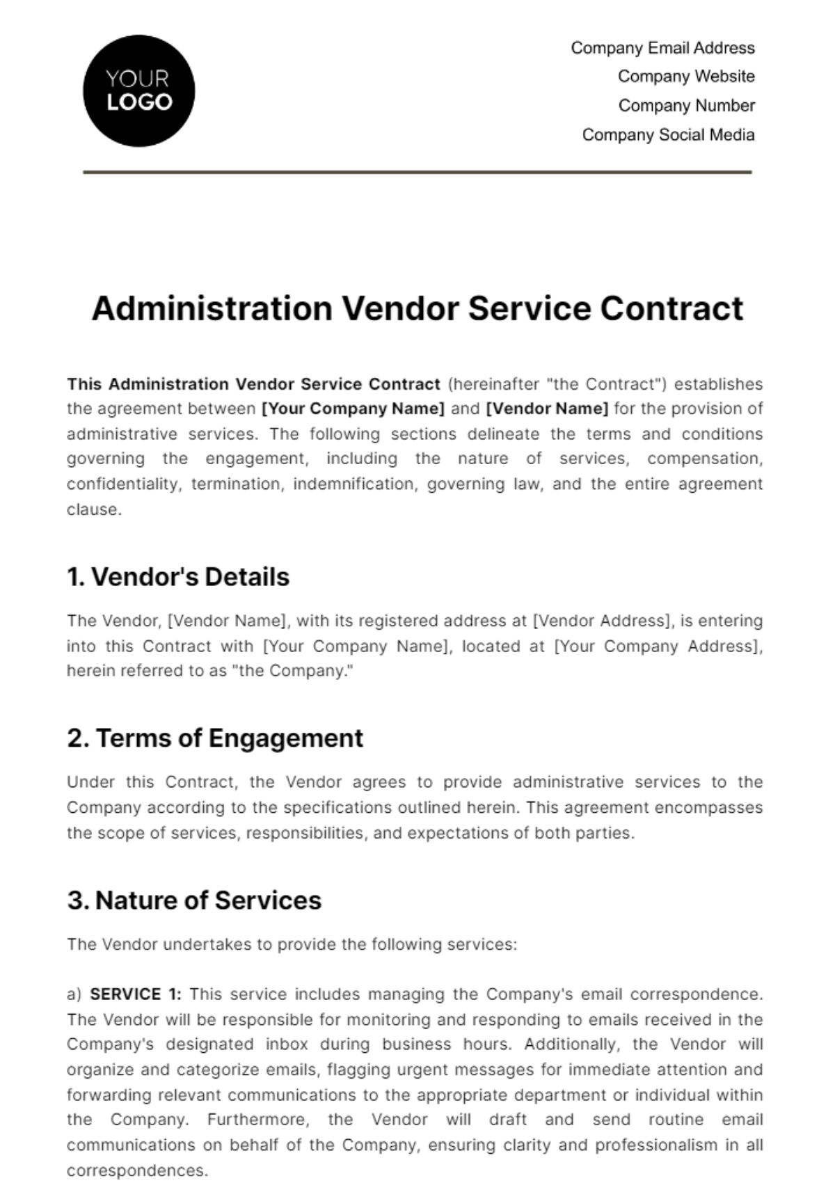 Free Administration Vendor Service Contract Template