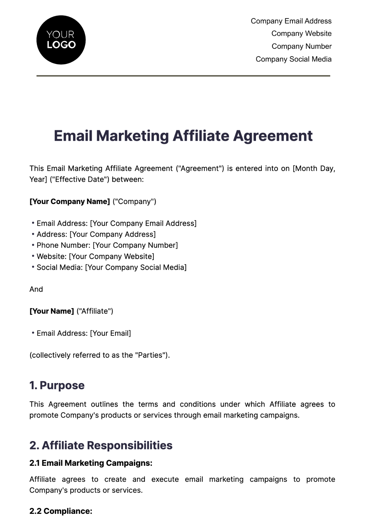 Email Marketing Affiliate Agreement Template