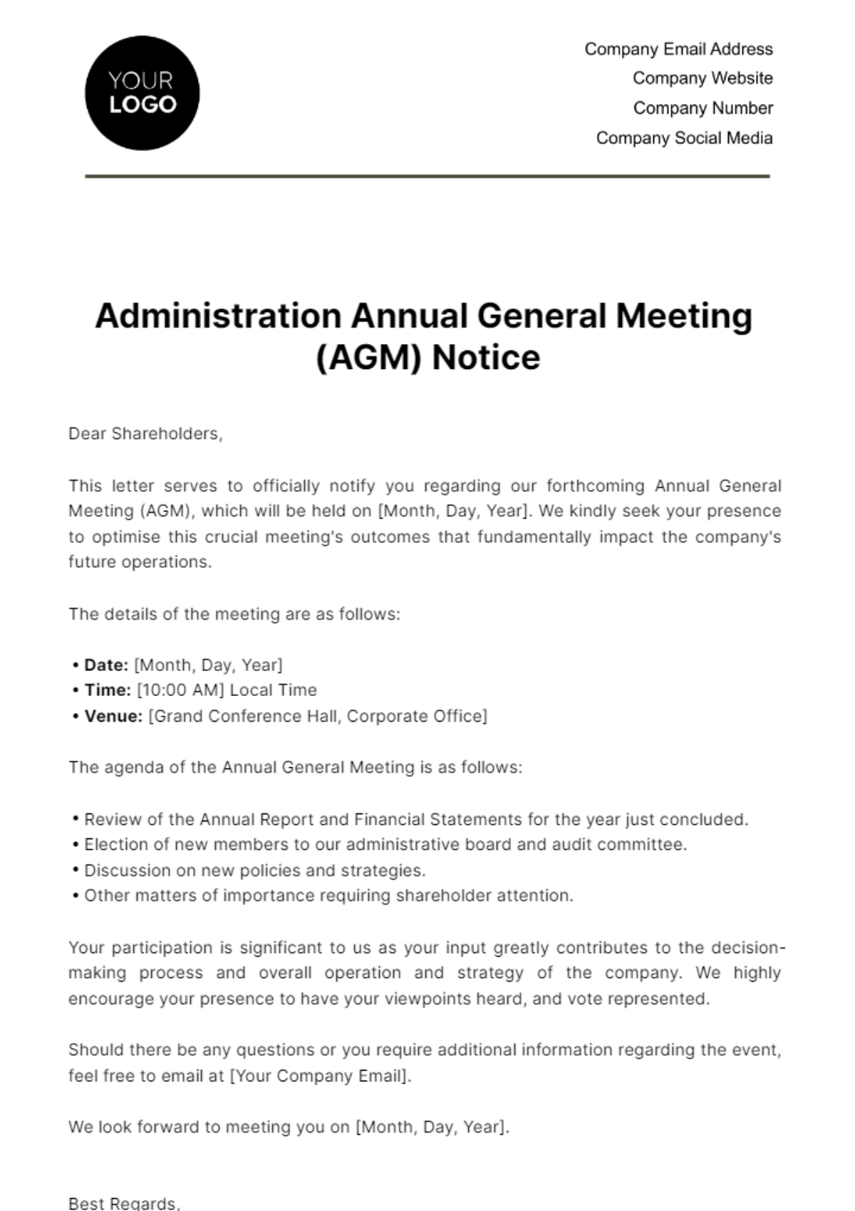 Administration Annual General Meeting (AGM) Notice Template