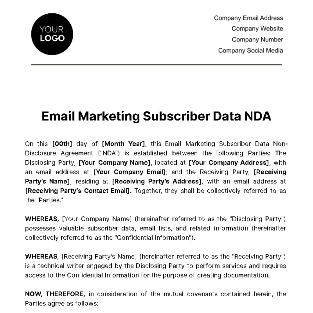 Free Email Marketing Subscriber Data NDA (Non-Disclosure Agreement) Template