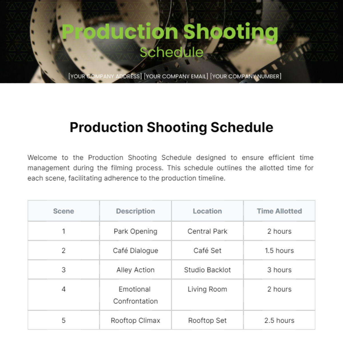 Production Shooting Schedule Template