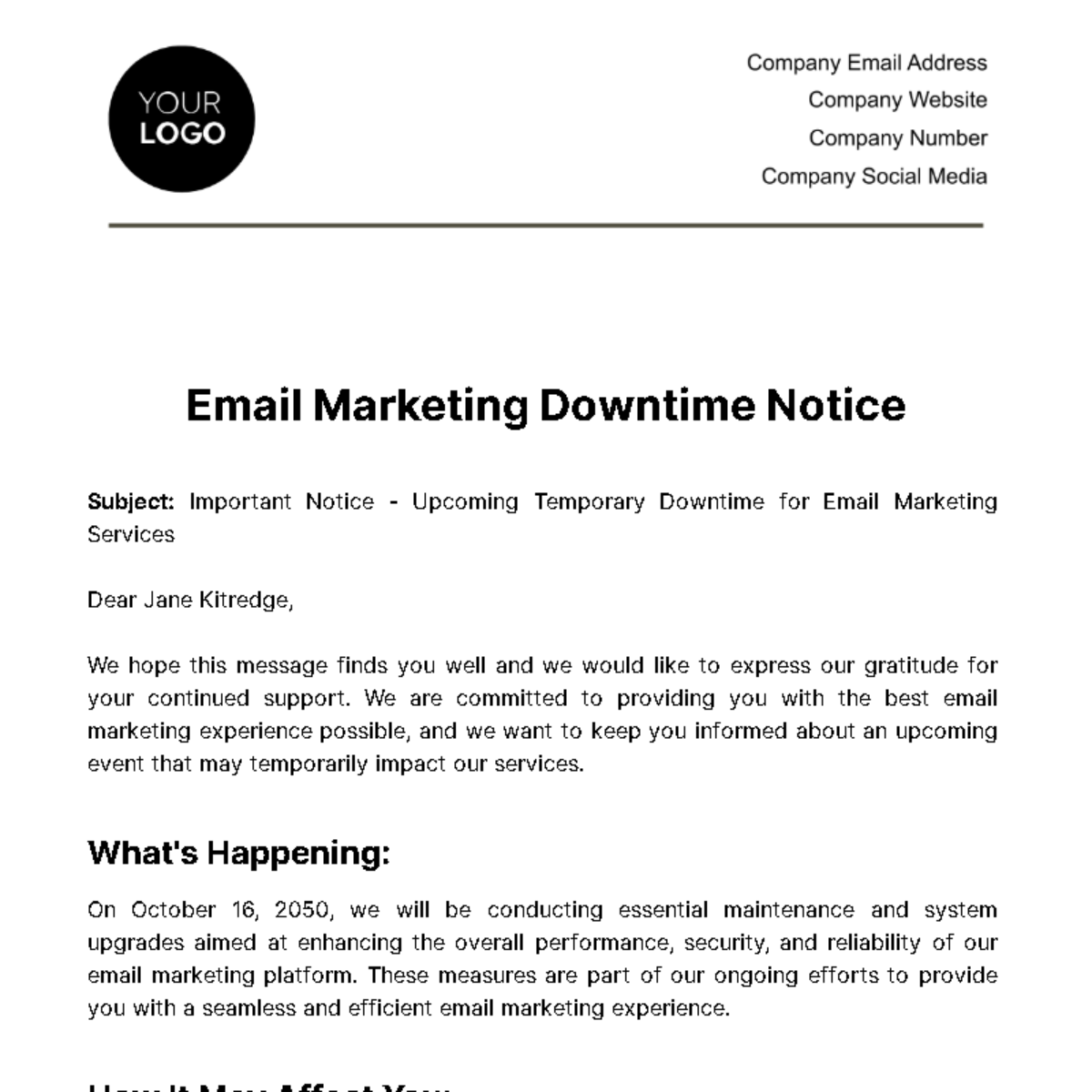 Email Marketing Downtime Notice Template