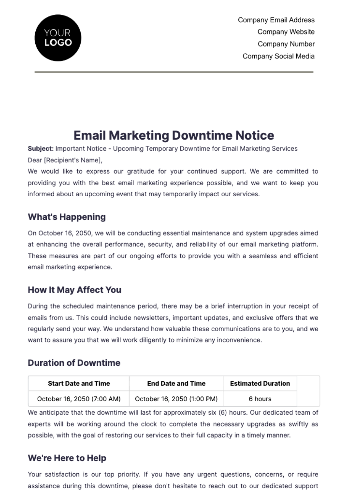 Email Marketing Downtime Notice Template