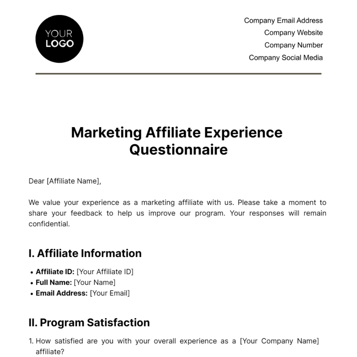 Marketing Affiliate Experience Questionnaire Template