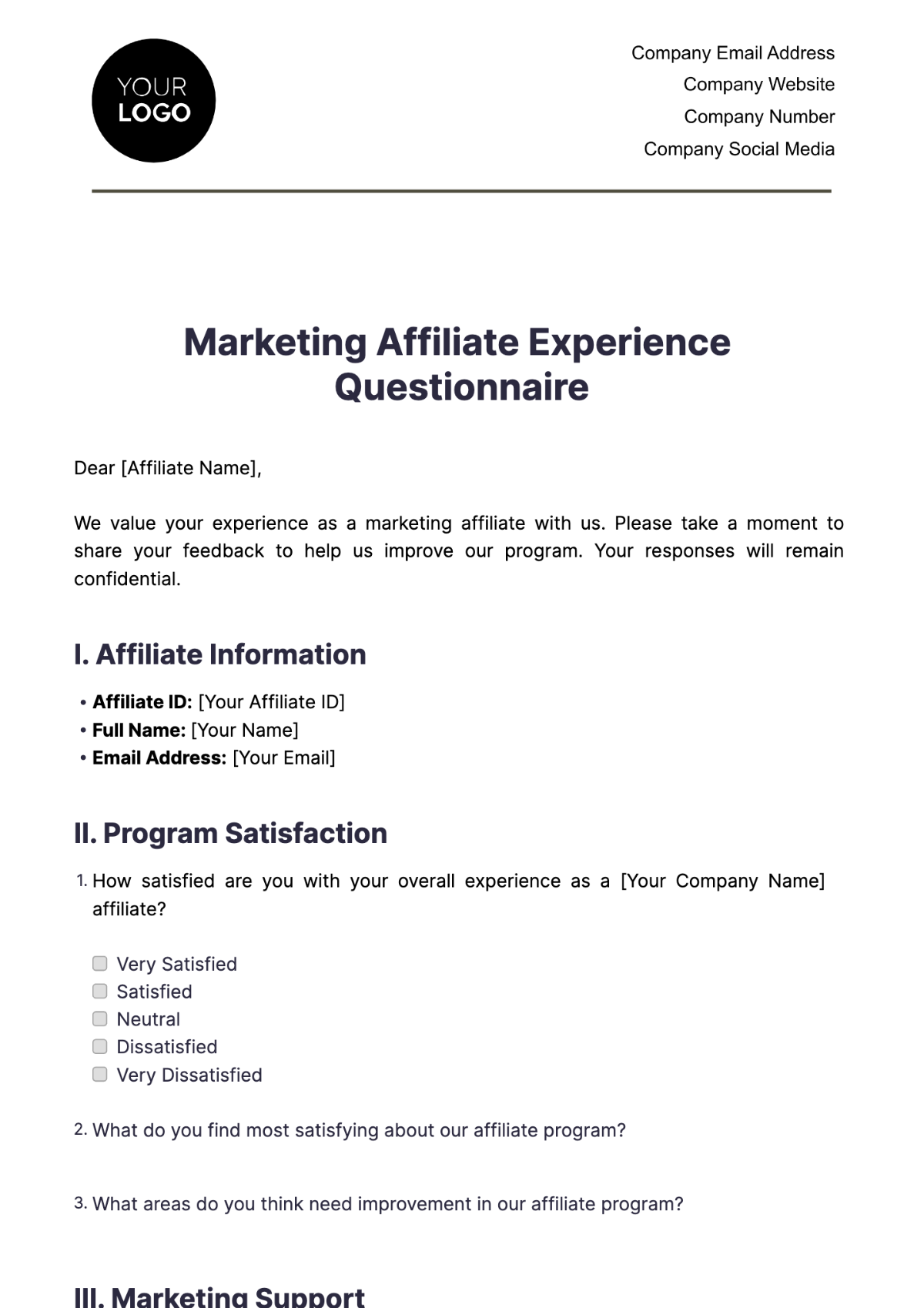 Marketing Affiliate Experience Questionnaire Template - Edit Online & Download