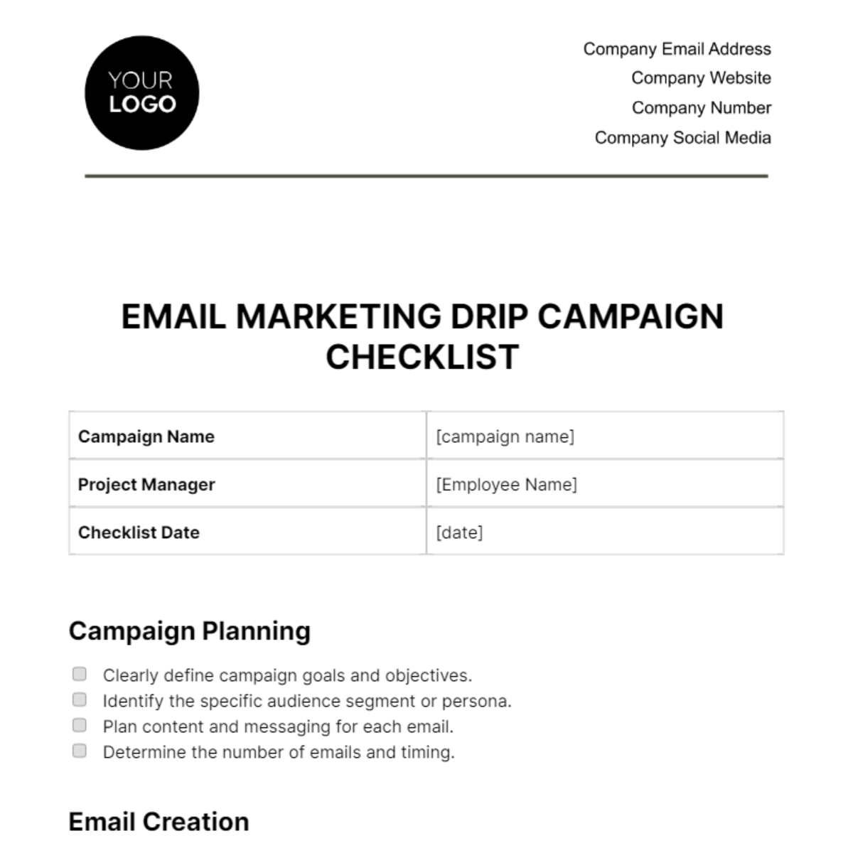 Email Marketing Drip Campaign Checklist Template
