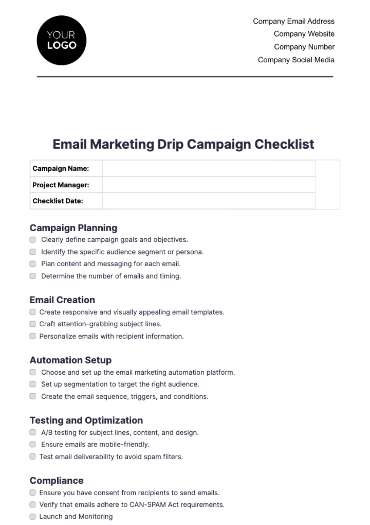 Email Marketing Drip Campaign Checklist Template - Edit Online & Download