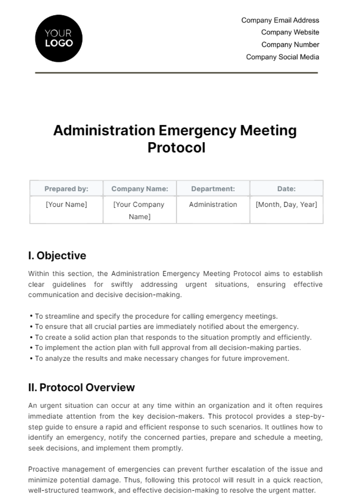 Free Administration Emergency Meeting Protocol Template