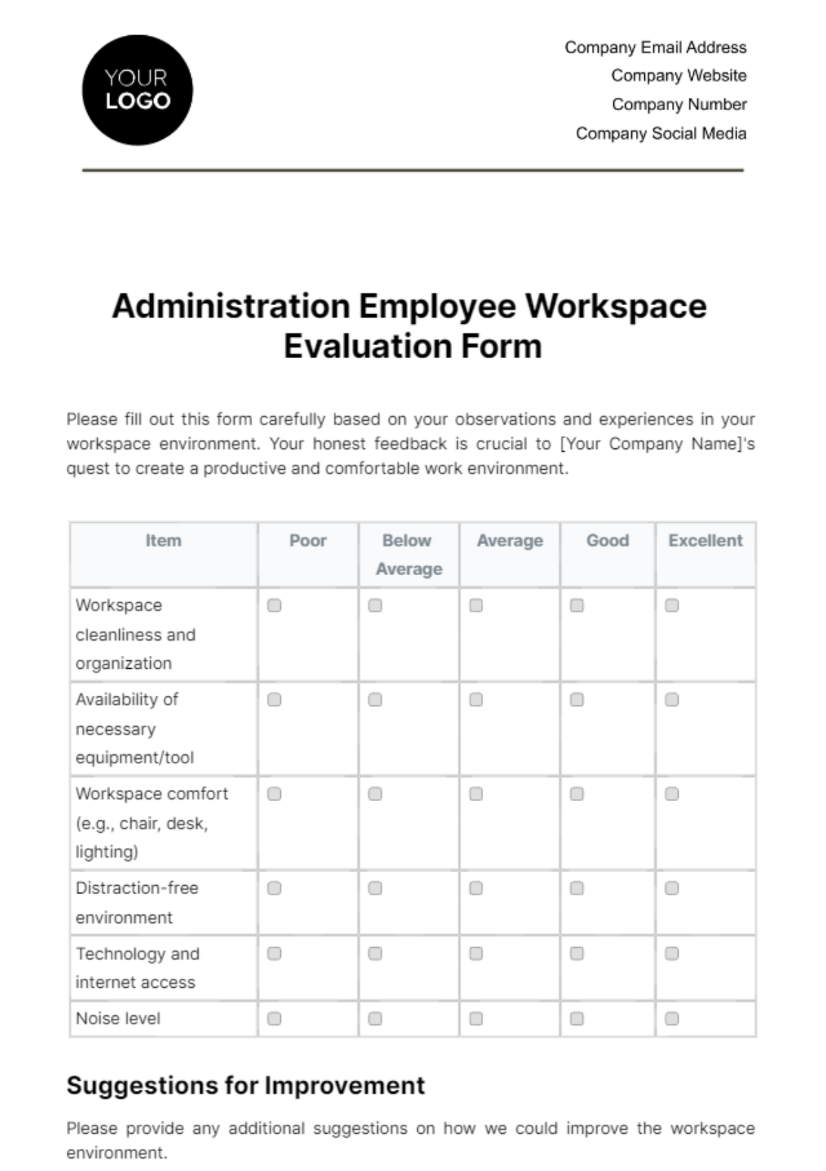 Administration Employee Workspace Evaluation Form Template