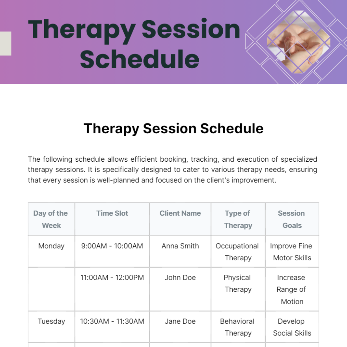 Therapy Session Schedule Template