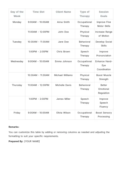 Free Therapy Session Schedule Template to Edit Online