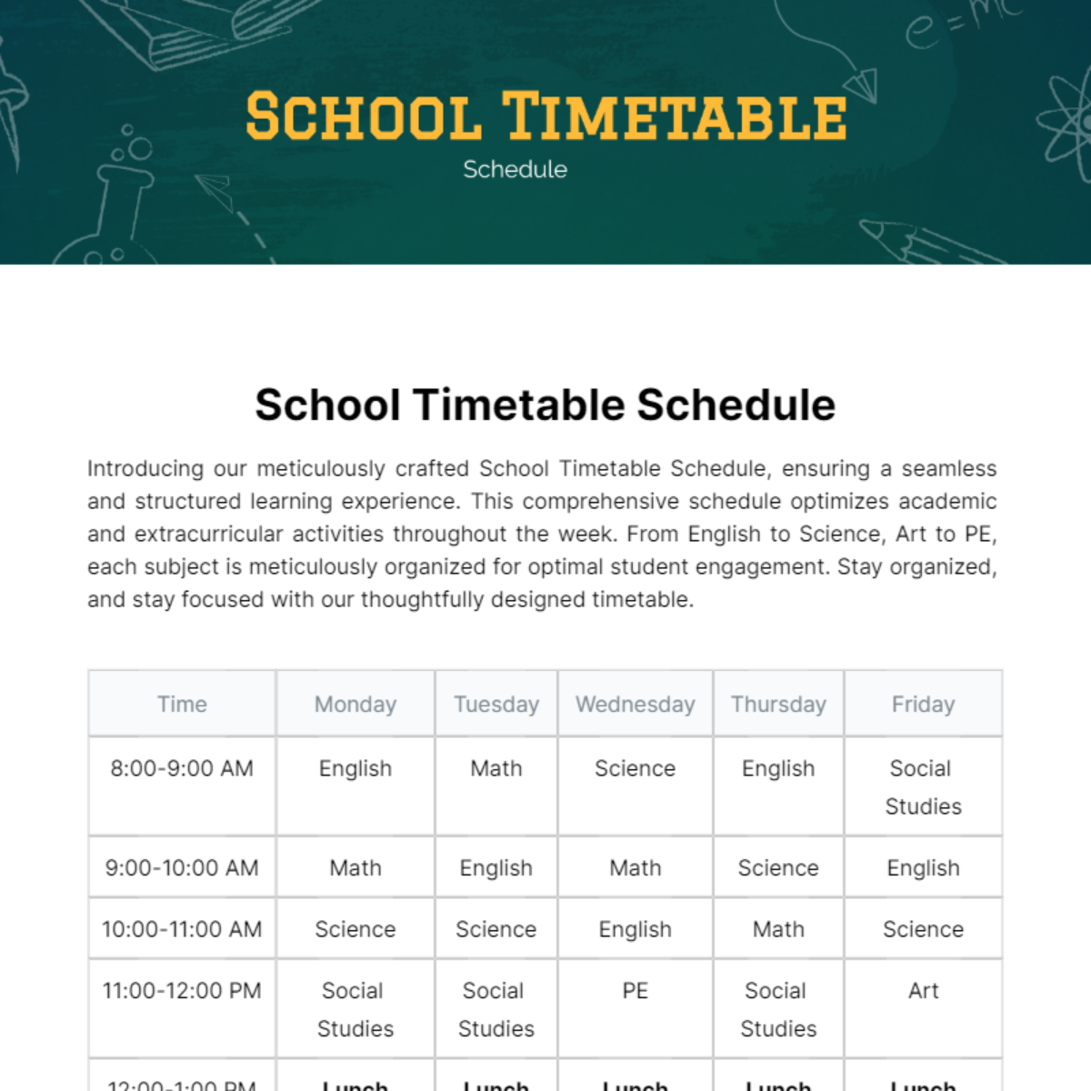 School Timetable Schedule Template