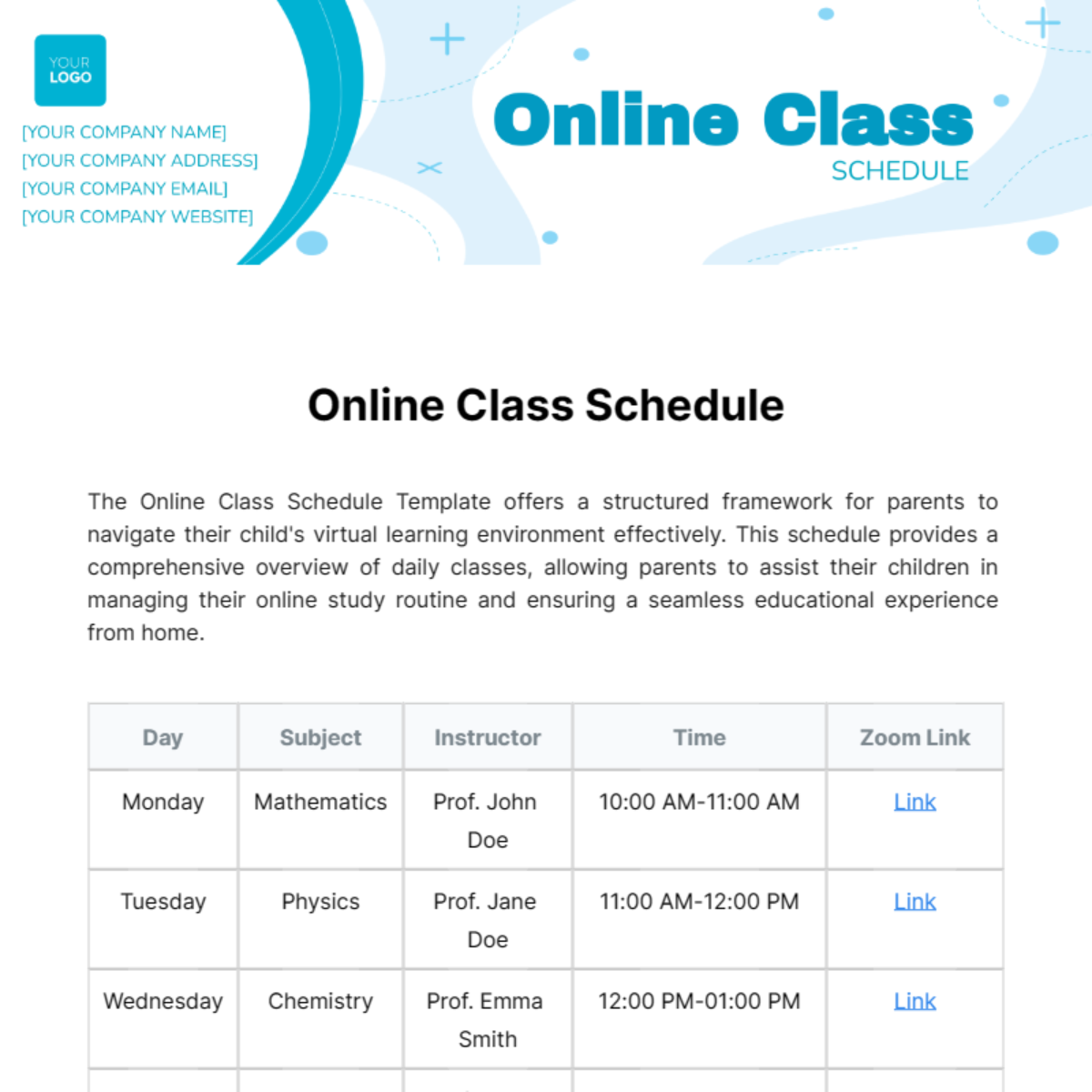 Online Class Schedule Template