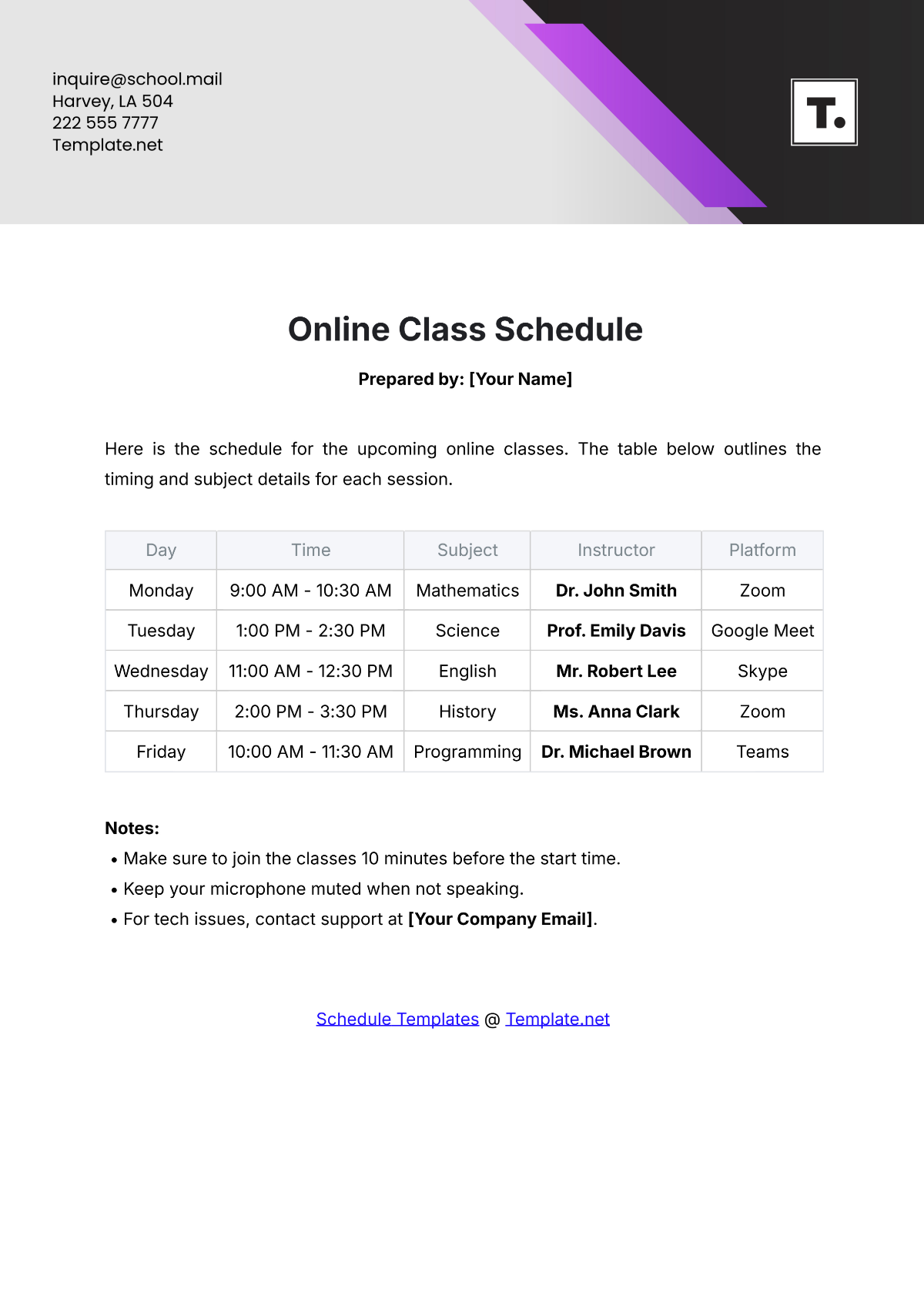 Online Class Schedule Template - Edit Online & Download