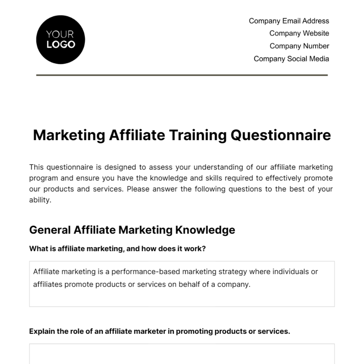 Free Marketing Affiliate Training Questionnaire Template