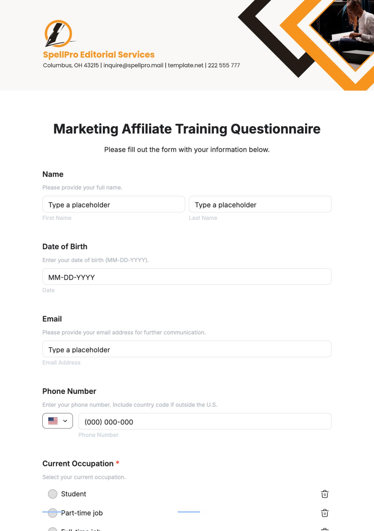 Free Marketing Affiliate Training Questionnaire Template to Edit Online