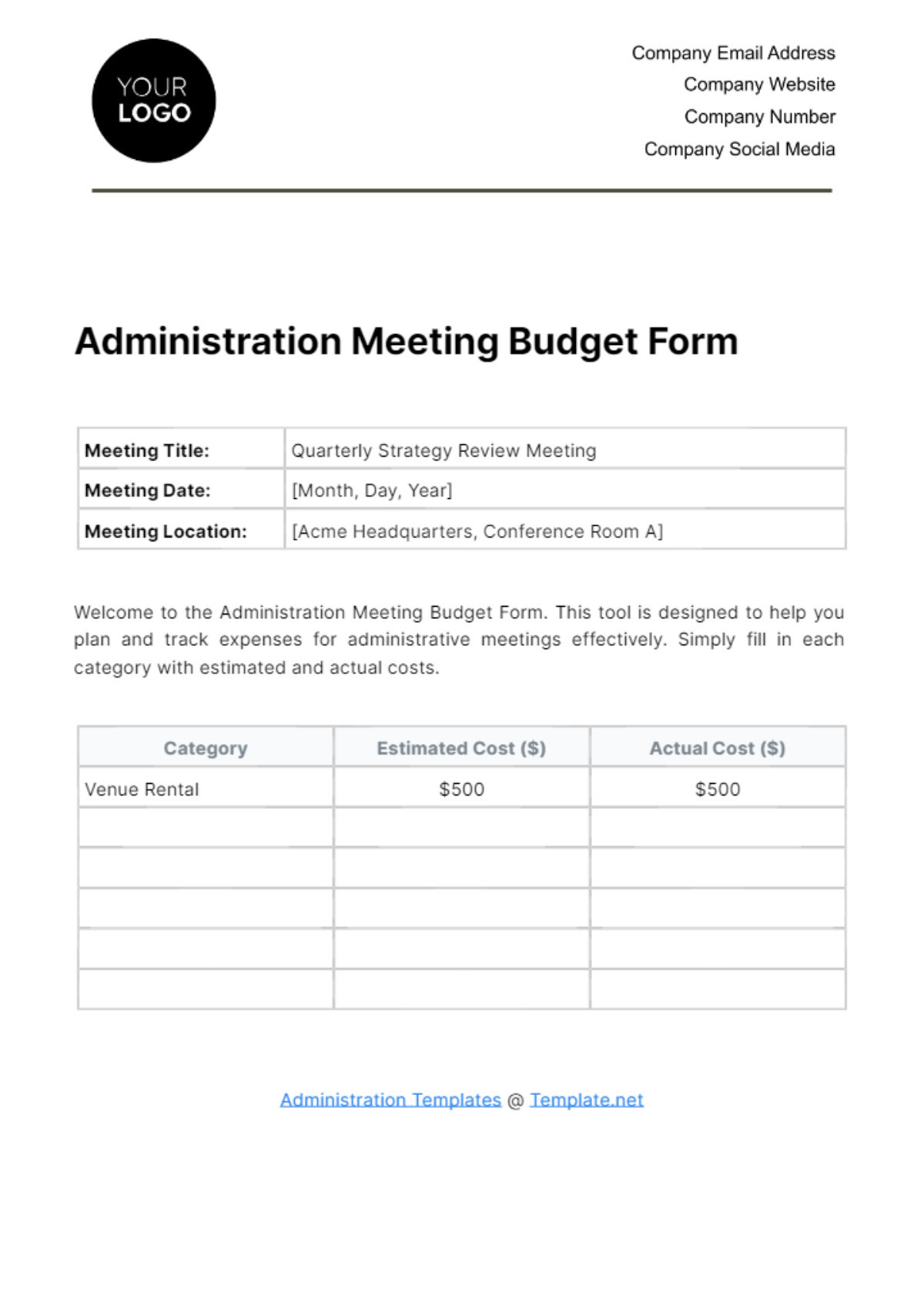 Free Administration Meeting Budget Form Template