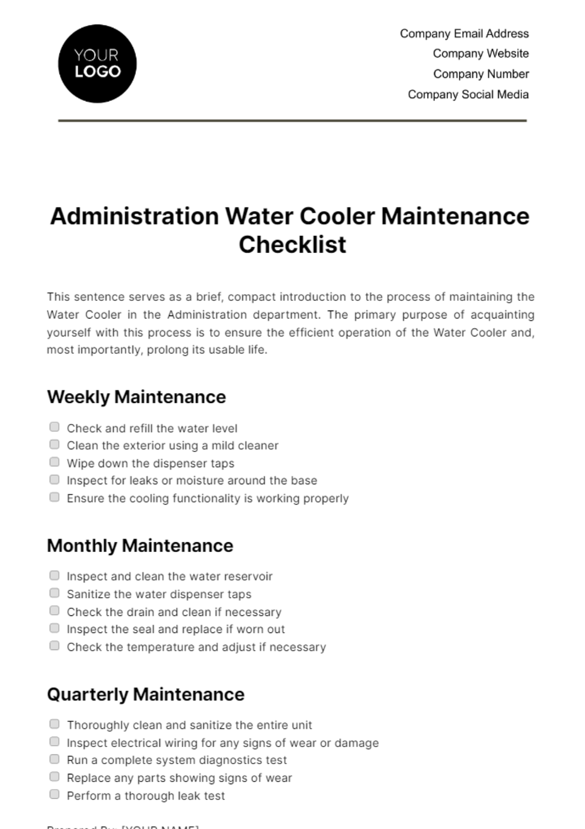 Free Administration Water Cooler Maintenance Checklist Template