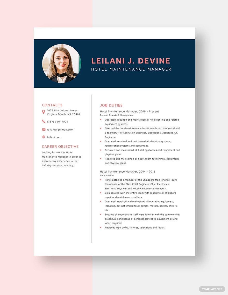 Hotel Maintenance Manager Resume In Pages Word Download Template