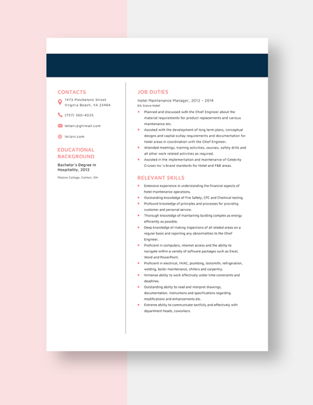 Hotel Maintenance Manager Resume Template