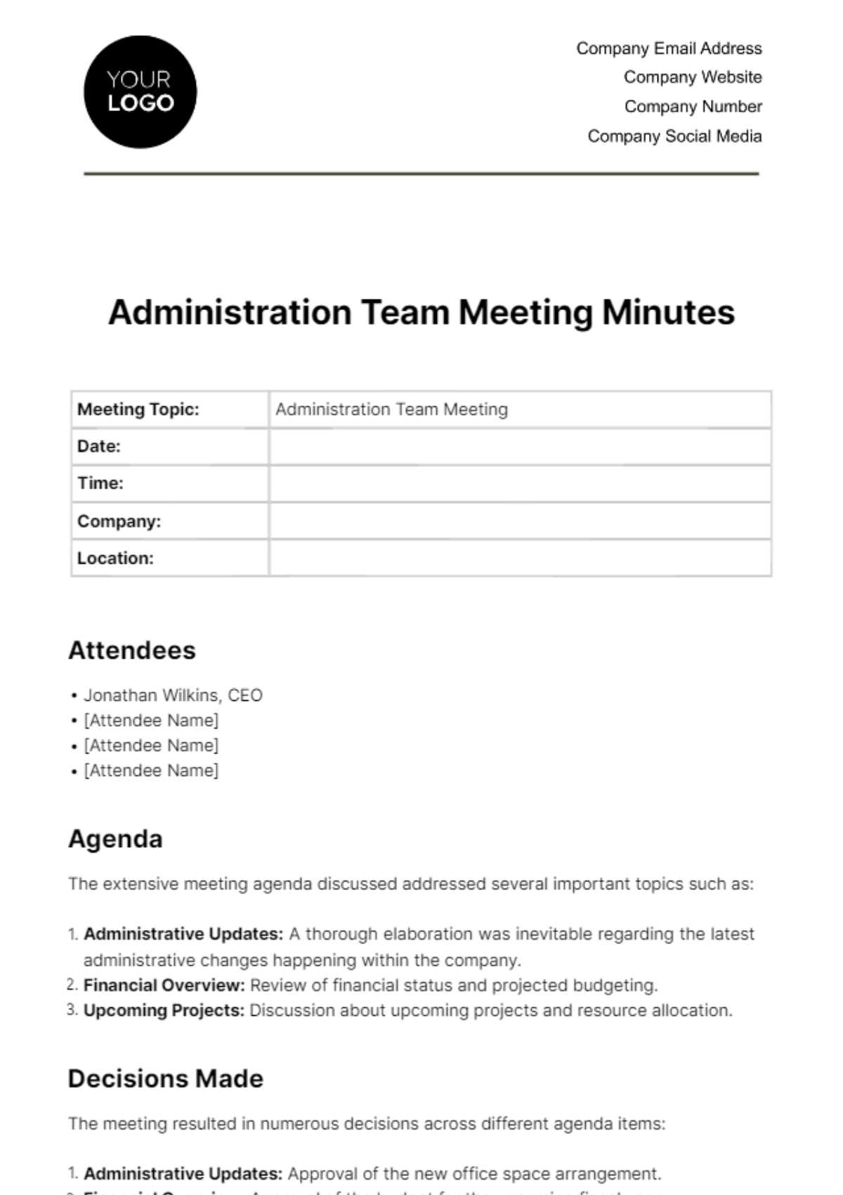 Free Administration Team Meeting Minute Template