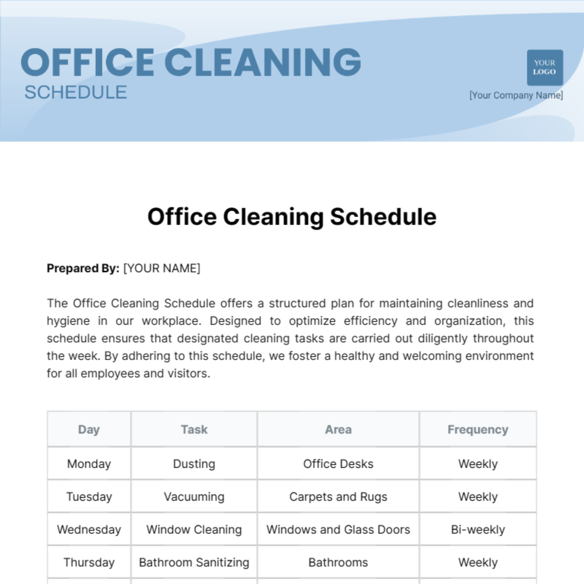 Free Office Cleaning Schedule Template