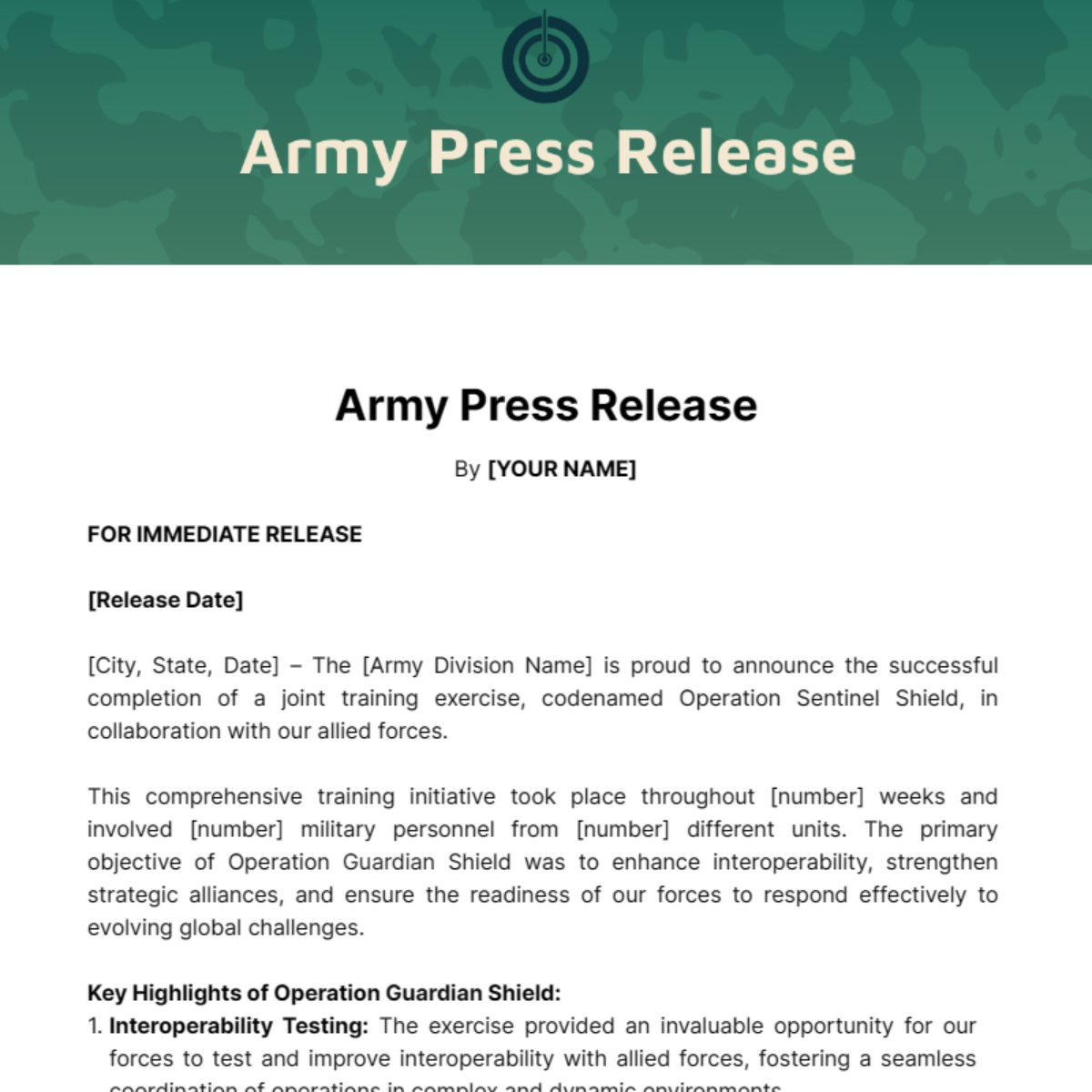 Army Press Release Template