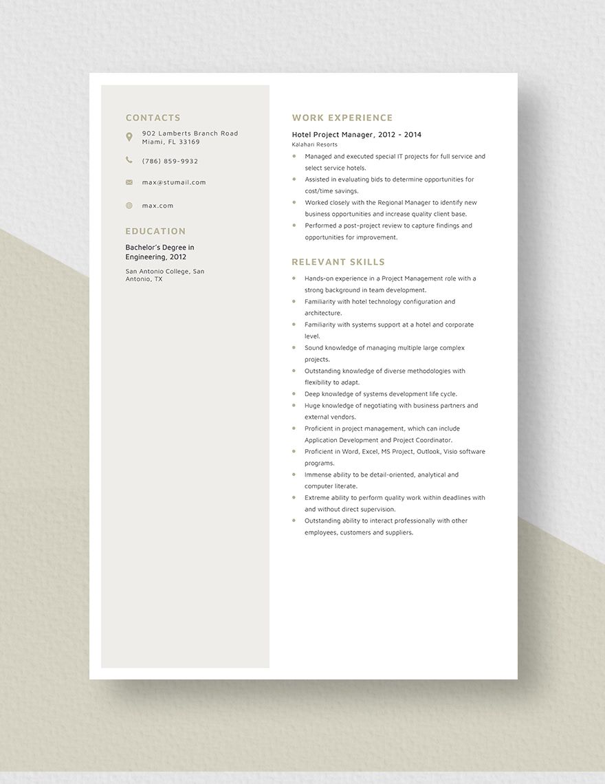 Hotel Project Manager Resume