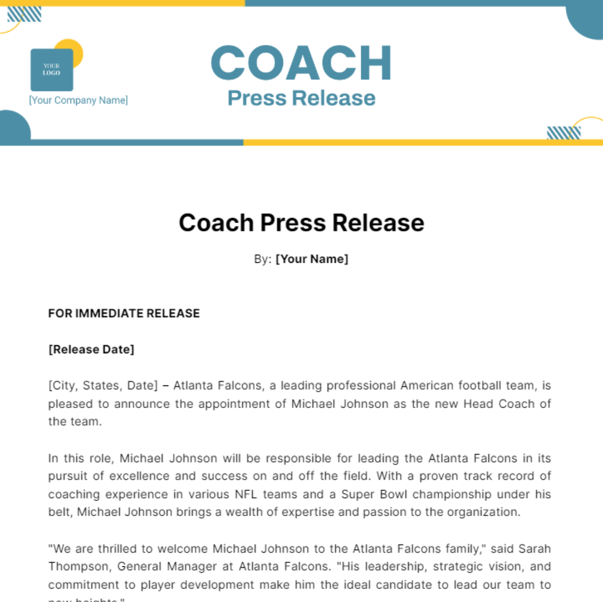 Coach Press Release Template