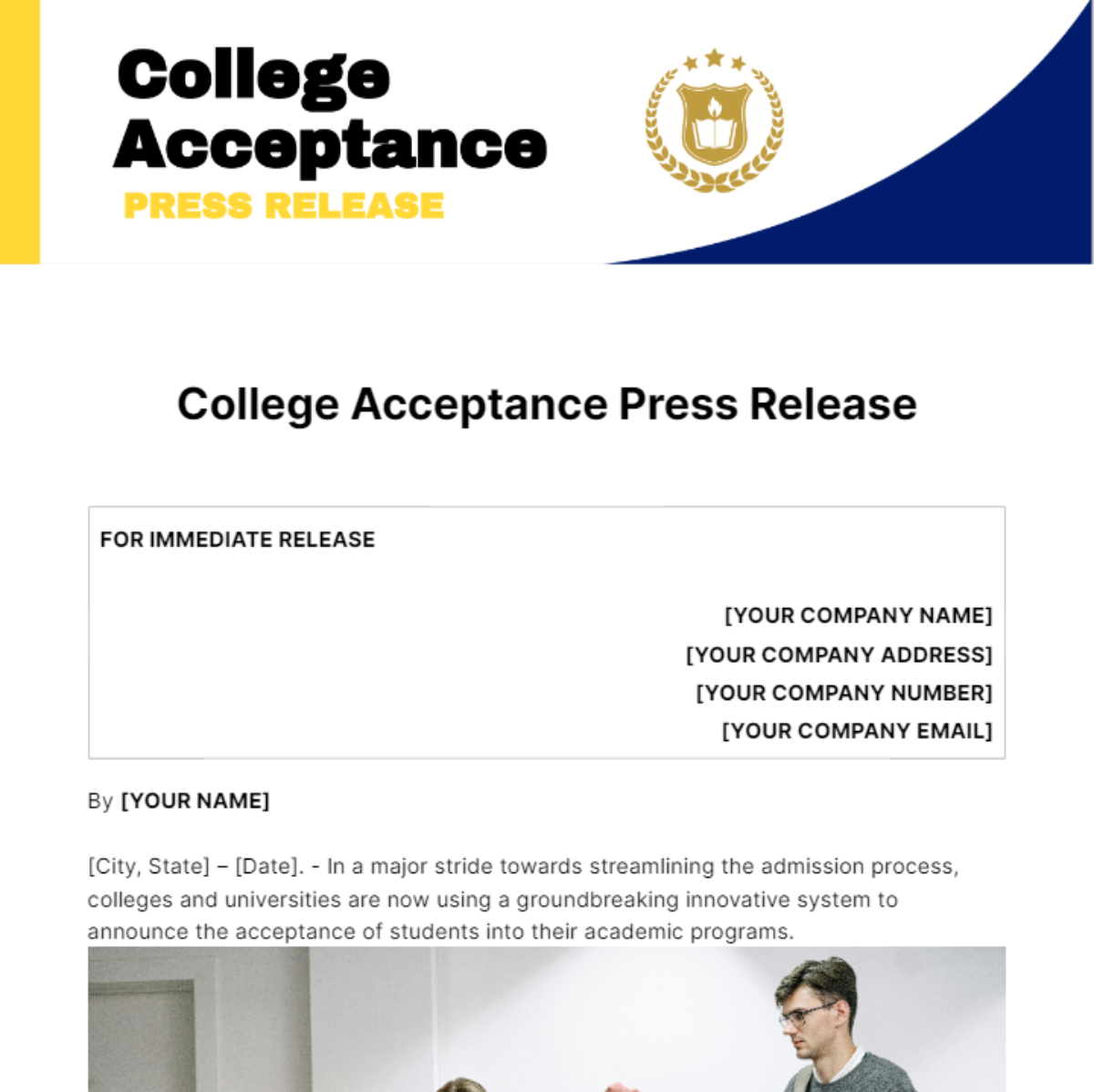 College Acceptance Press Release Template