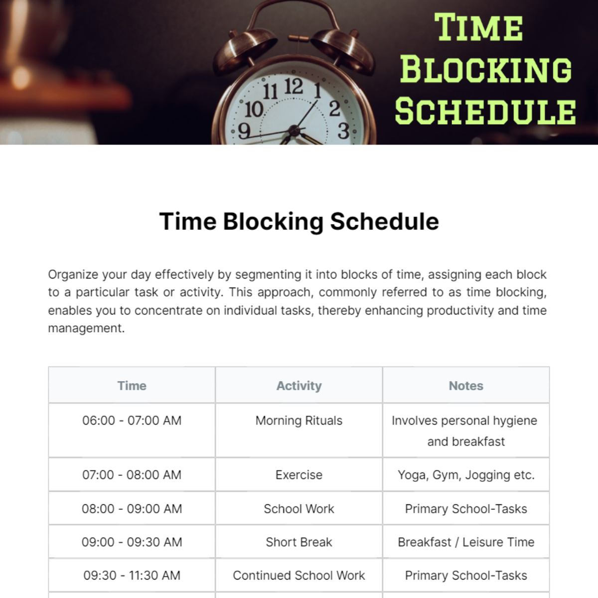 Time Blocking Schedule Template