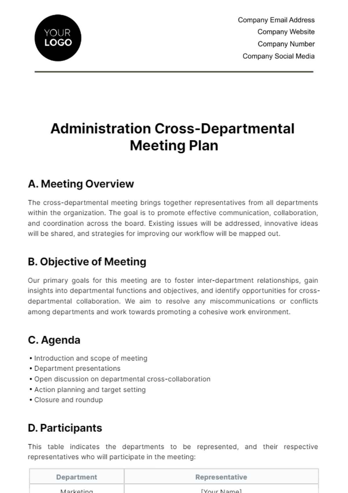 Free Administration Cross-Departmental Meeting Plan Template
