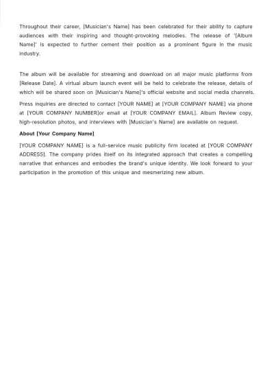 Free Musician Press Release Template to Edit Online