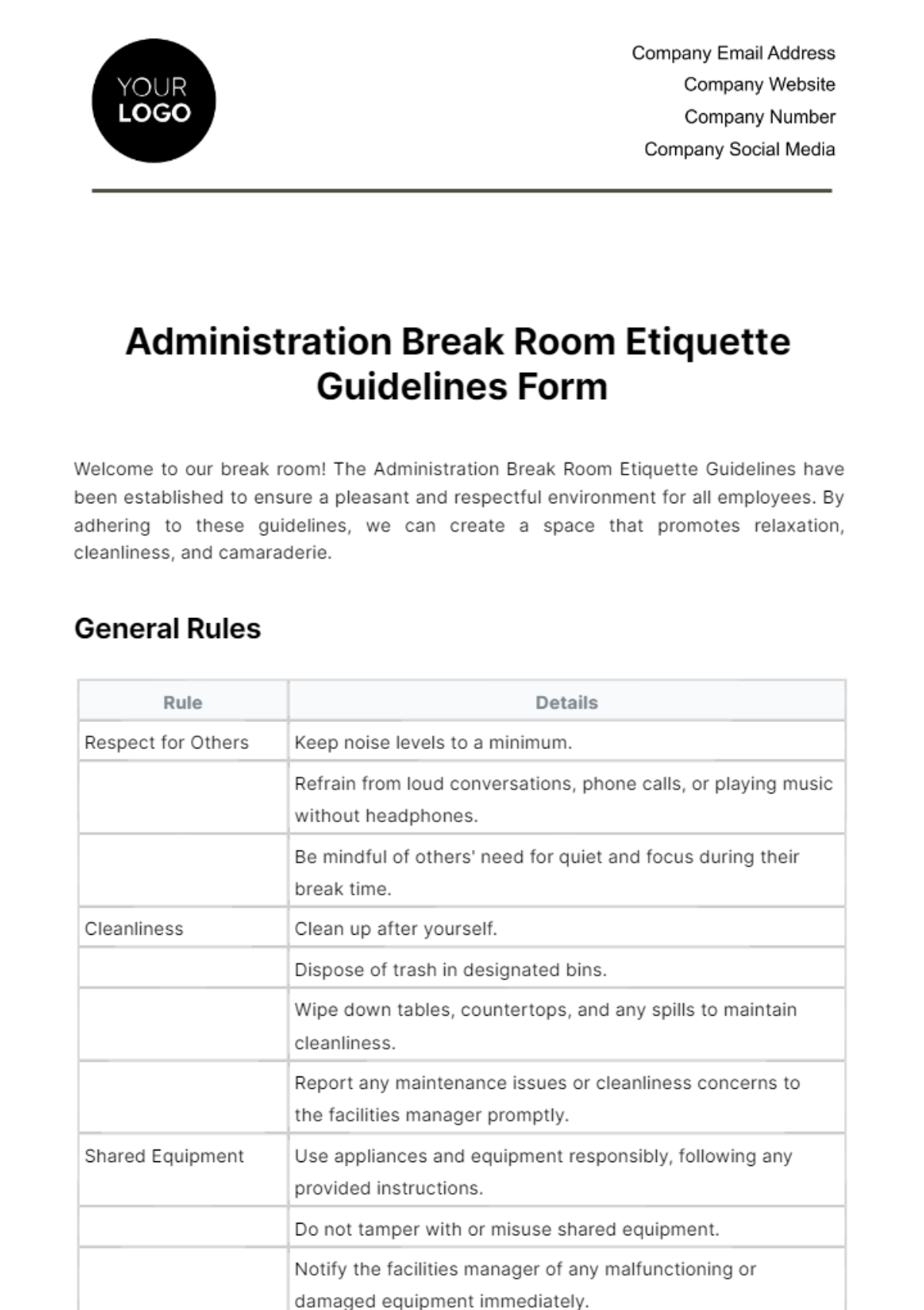 Free Administration Break Room Etiquette Guidelines Form Template
