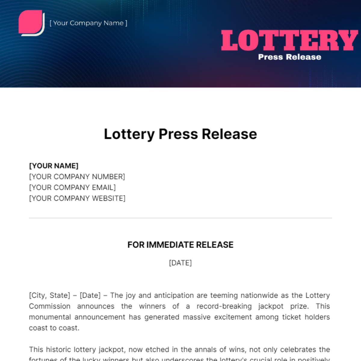 Lottery Press Release Template