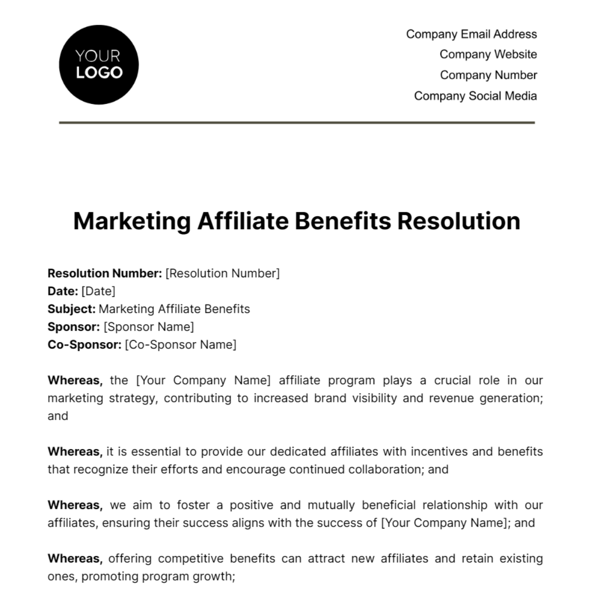 Free Marketing Affiliate Benefits Resolution Template