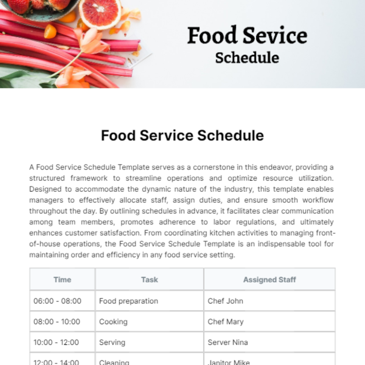 Food Service Schedule Template