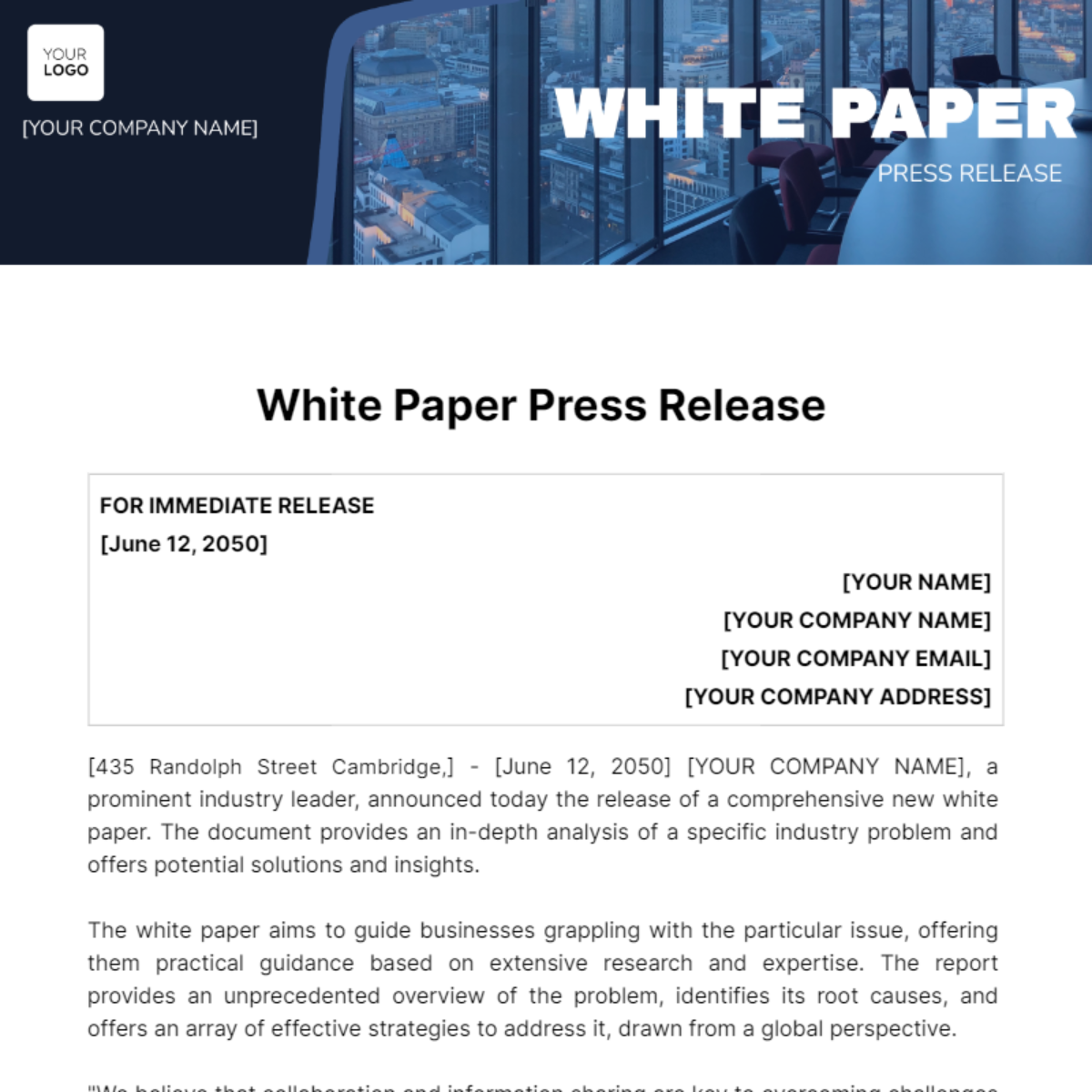 White Paper Press Release Template