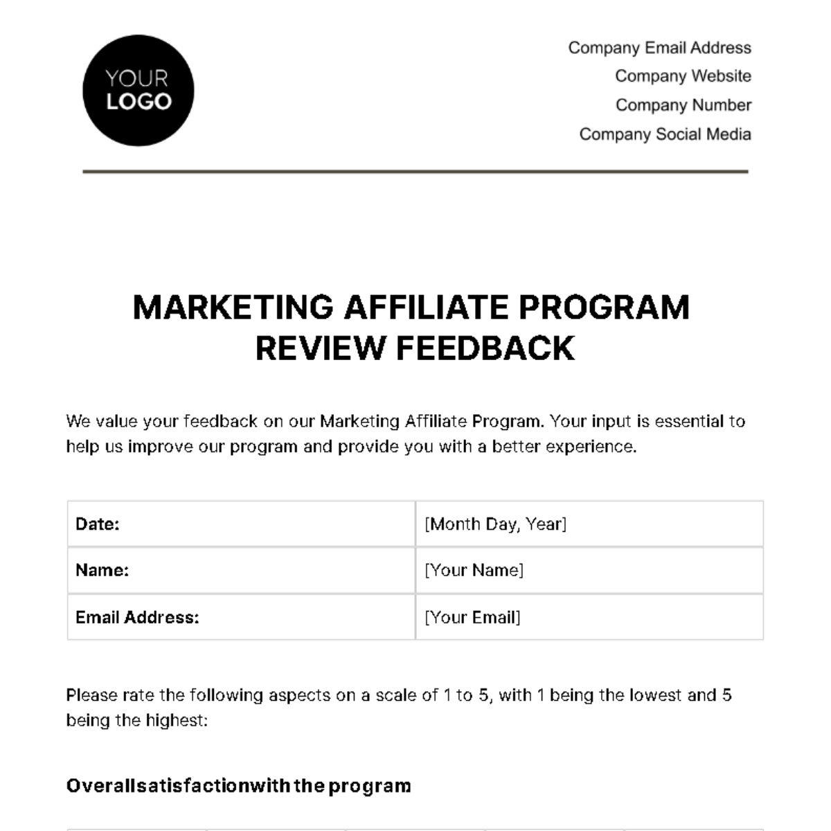 Free Marketing Affiliate Program Review Feedback Template