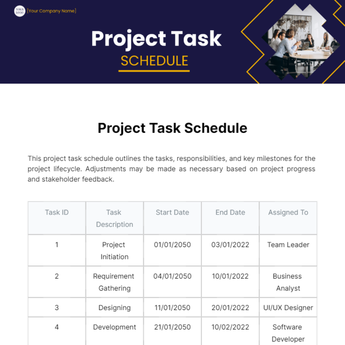 Project Task Schedule Template
