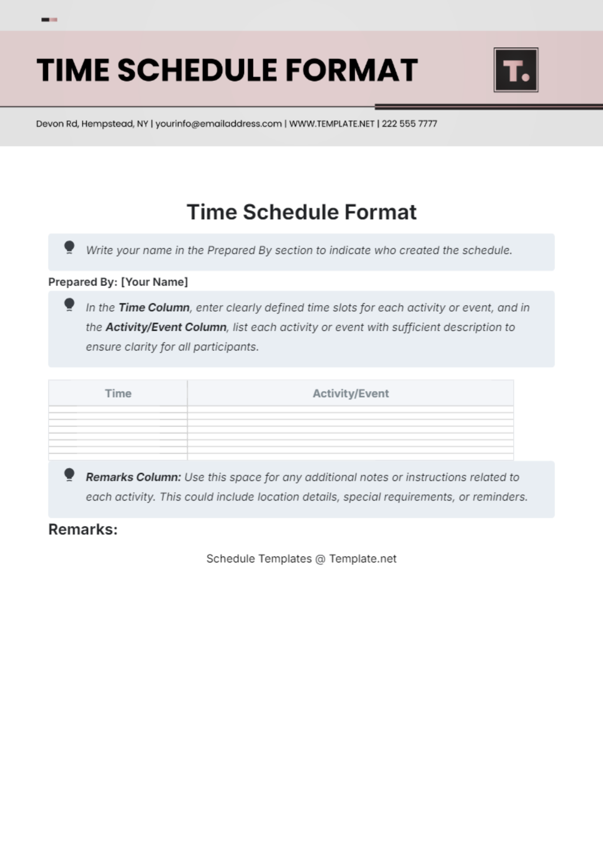 Time Schedule Format Template