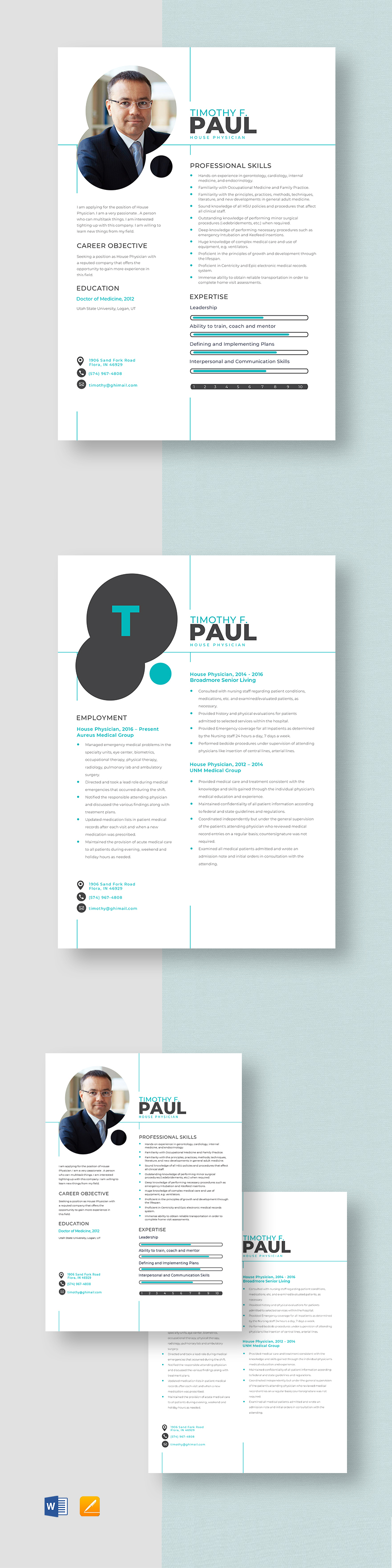 Physician Resume Template Illustrator InDesign Word Apple Pages