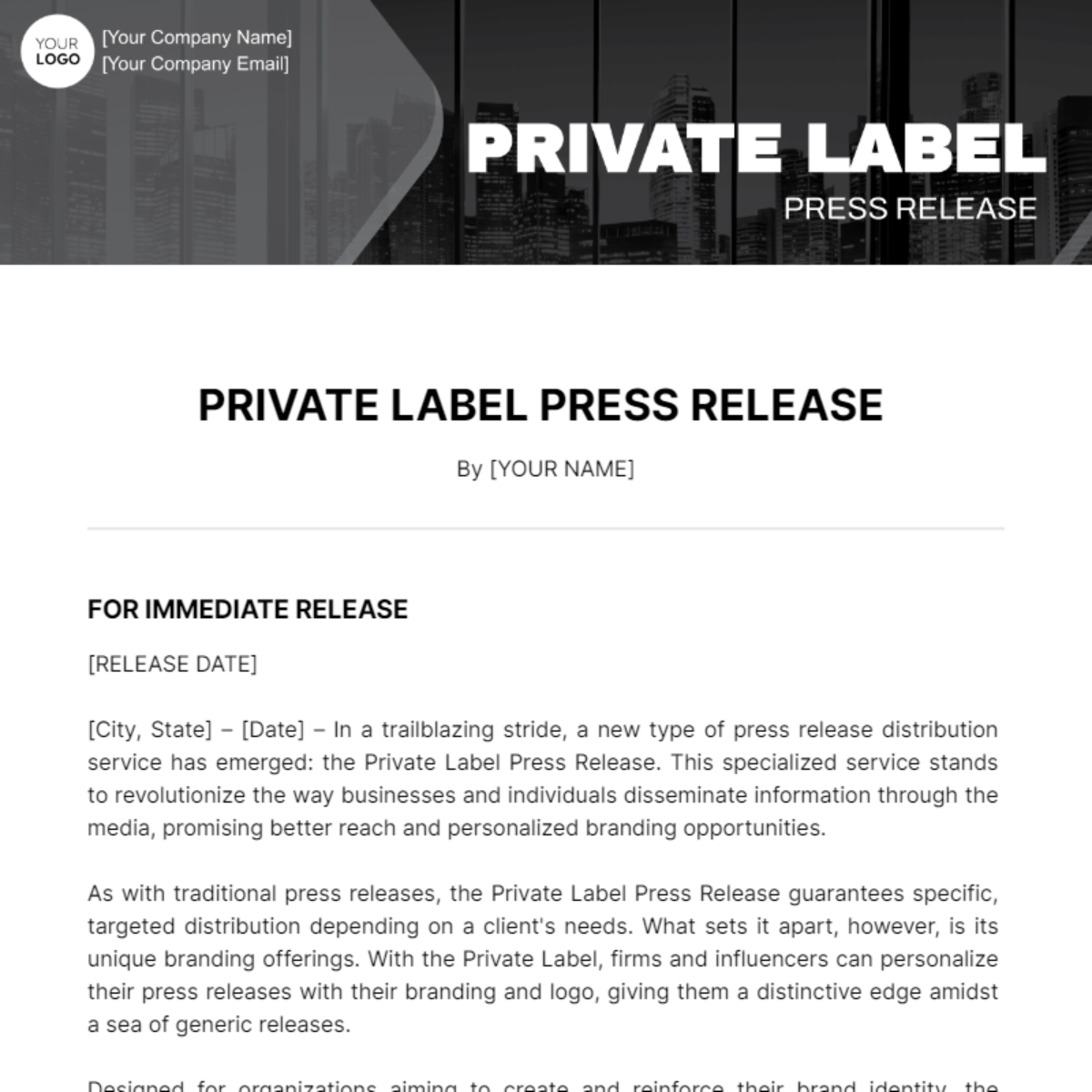 Private Label Press Release Template