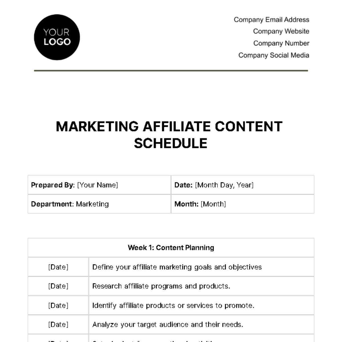 Free Marketing Affiliate Content Schedule Template