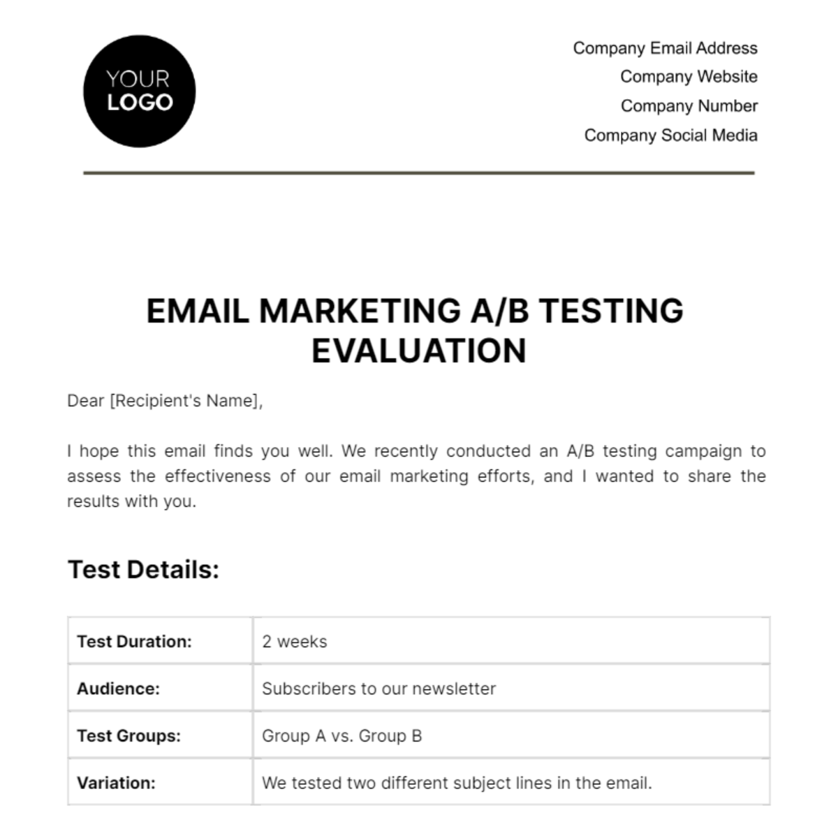 Email Marketing A/B Testing Evaluation Template