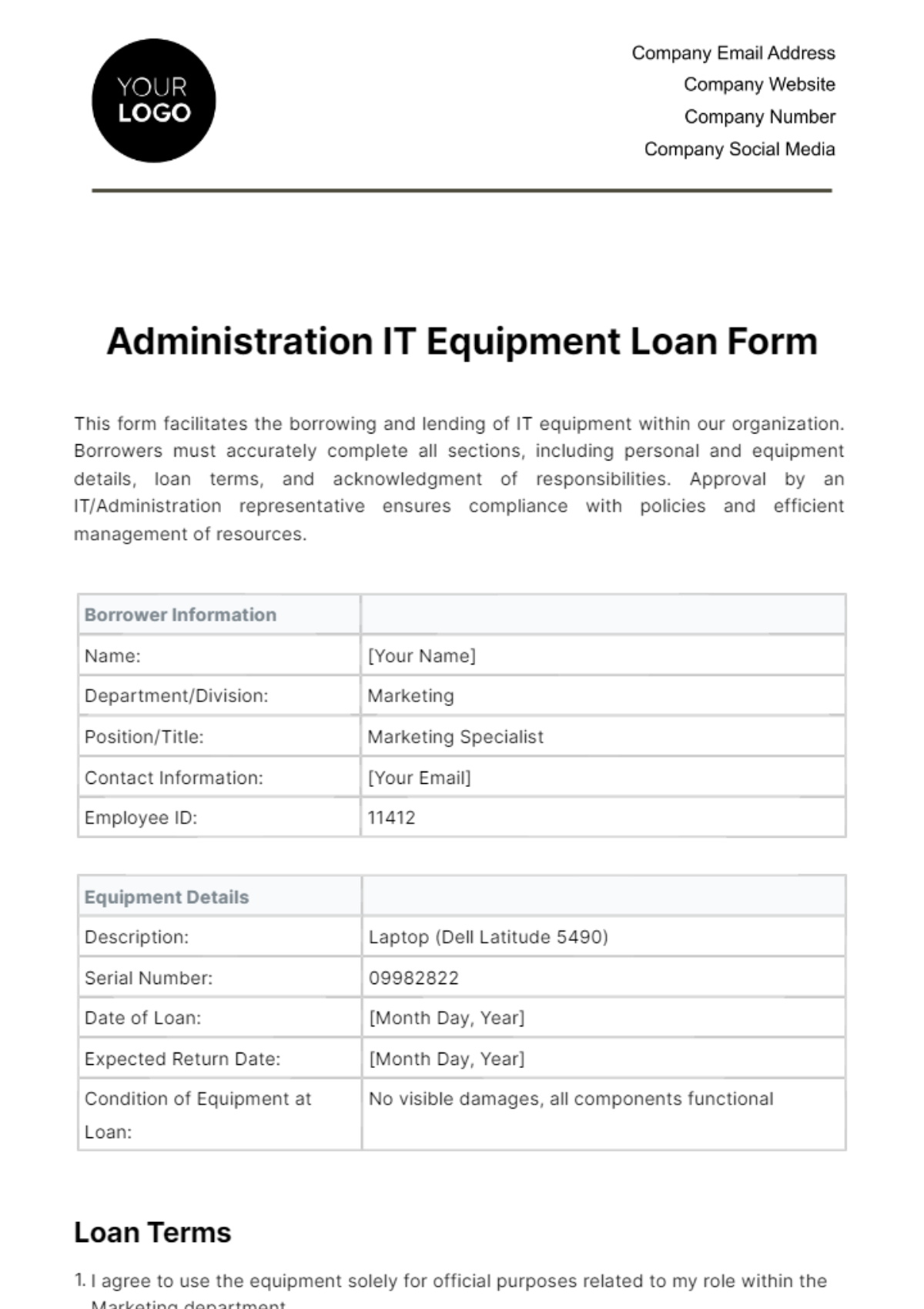 Free Administration IT Equipment Loan Form Template