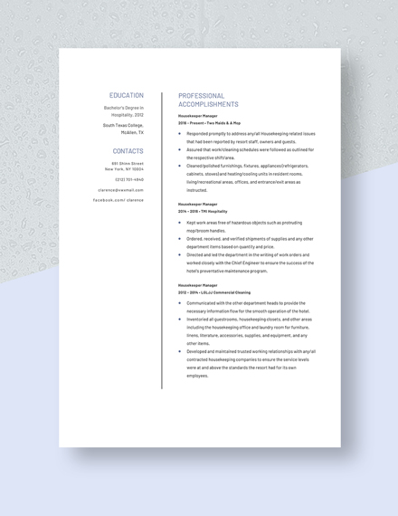 Housekeeper Manager Resume Template