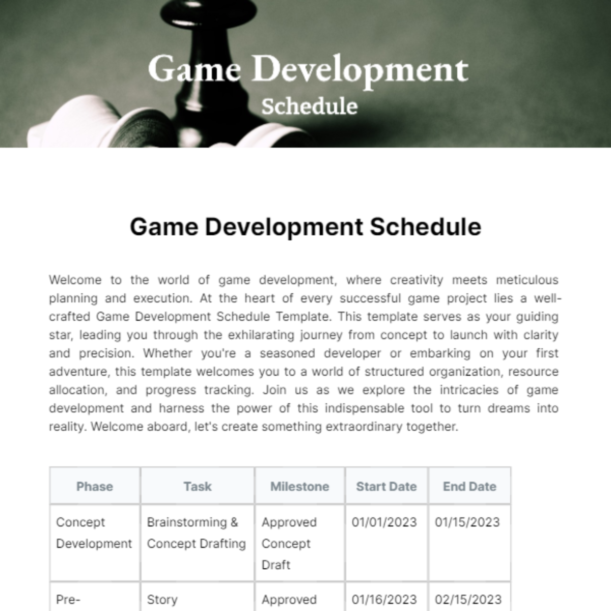 Game Development Schedule Template